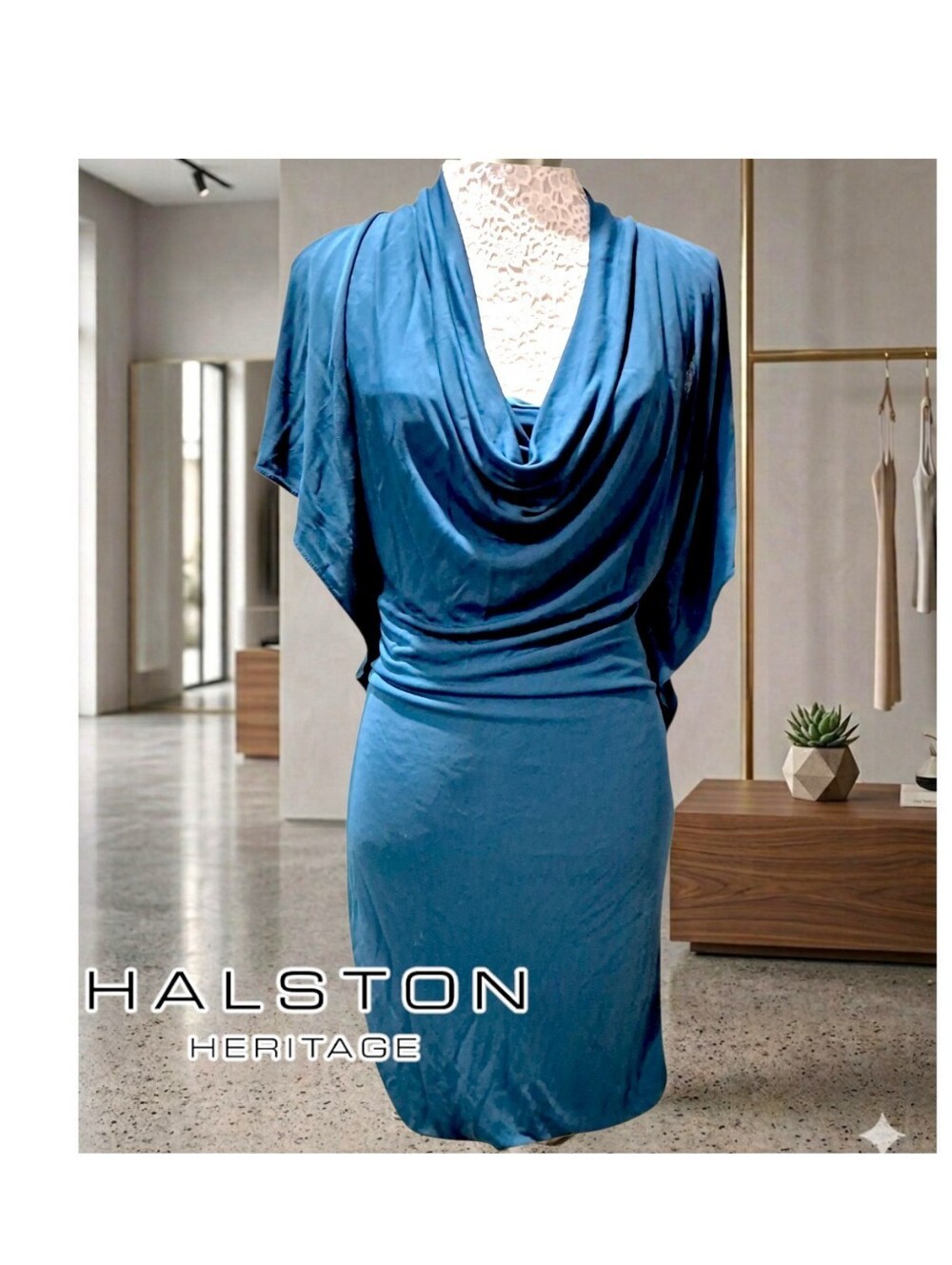 Halston Heritage Teal Draped Cowl Neck, Rouched Side Cocktail Dress Size S